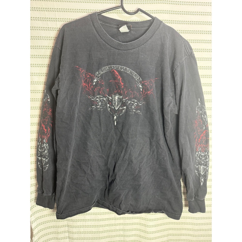 Harley Davidson 00s Mens Long Sleeve T-Shirt Black Eagle Flame Graphic Large 80s